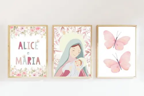 Kit Quadros Infantil Nossa Senhora Borboletas Irmãs Nomes A3