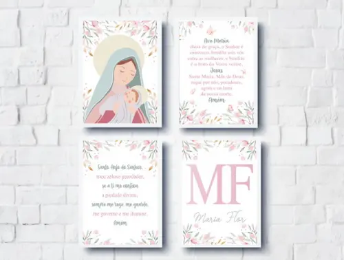 Kit Quadros Infantil Nossa Senhora -oração Anjo e Ave Maria