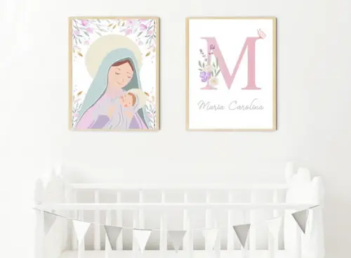 Kit Quadros Infantil Nossa Senhora e Nome Floral A3