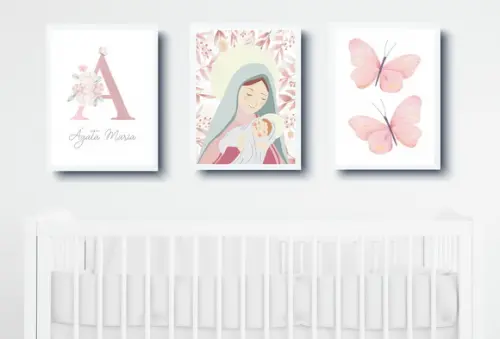 Kit Quadros Infantil Nossa Senhora Borboletas Nome Floral A3
