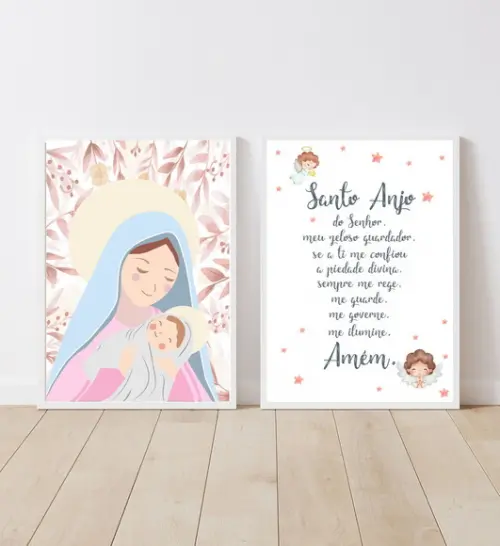 Kit Quadros Infantil Nossa Senhora e Oração Anjo da Guarda