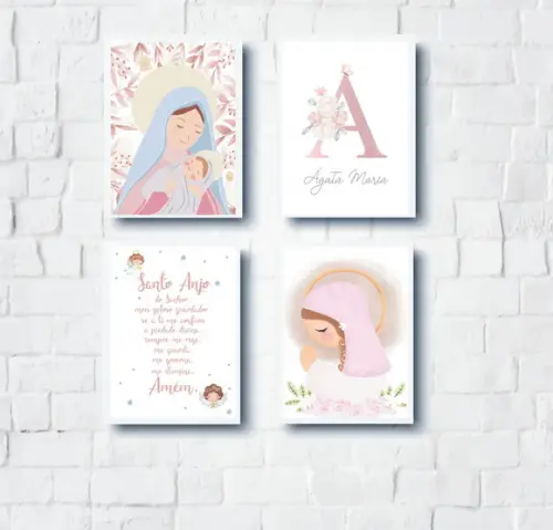 Kit Quadros Infantil Nossa Senhora e Oração Anjo da Guarda