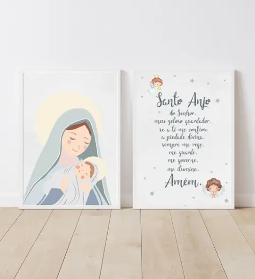 Kit Quadros Infantil Nossa Senhora e Oração Anjo da Guarda