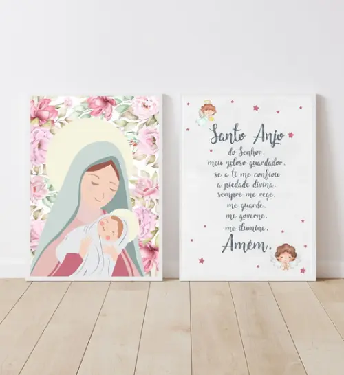 Kit Quadros Infantil Nossa Senhora Floral e Oração Anjo A3
