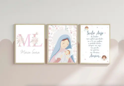 Kit Quadros Infantil Nossa Senhora Nome e Oração Anjo A3