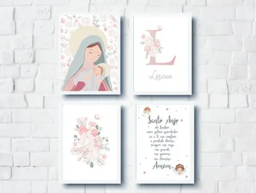 Kit Quadros Infantil Nossa Senhora Oração Nome Flores A3