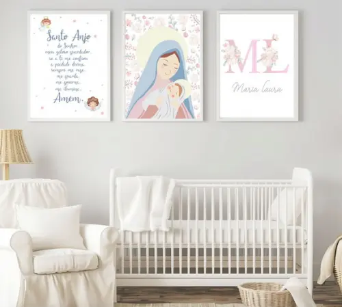 Kit Quadros Infantil Nossa Senhora Nome e Oração Anjo A3
