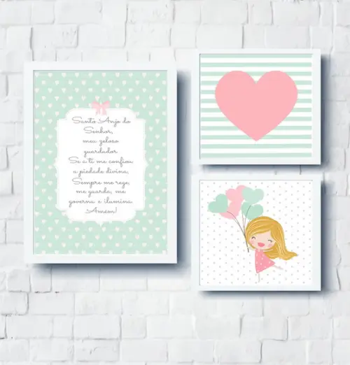 Kit Quadros Infantil Oração Coração e Menina Balões