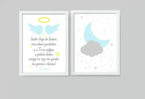 Kit Quadros Infantil Oração Anjo da Guarda e Lua, Nuvem A4