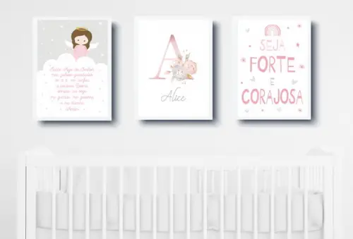 Kit Quadros Infantil Oração Nome Floral e Seja Forte