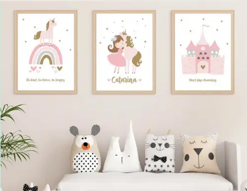 Kit Quadros Infantil Princesa Unicórnio e Castelo A4