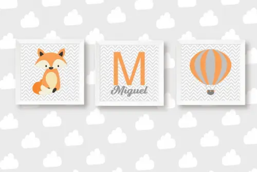 Kit Quadros Infantil Raposa Balão Nome Personalizado