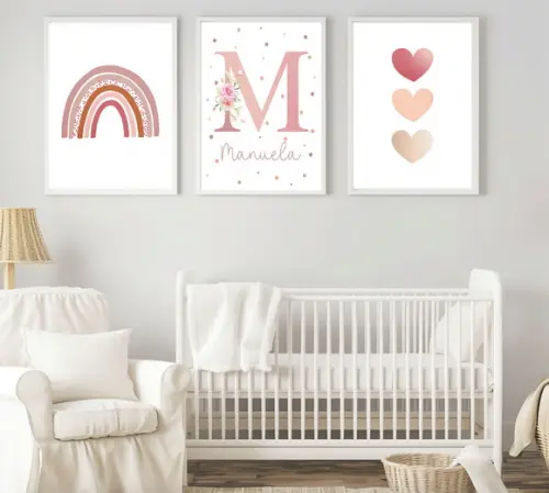 Kit Quadros Infantil Rosê Arco Íris Corações Nome Floral A3
