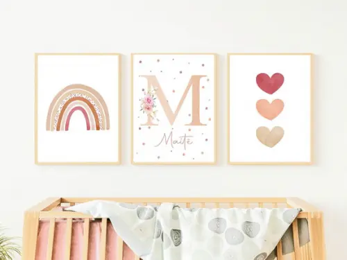 Kit Quadros Infantil Rosê Arco Íris Corações Nome Floral A3