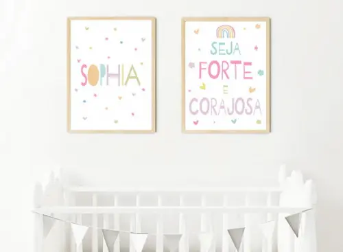 Kit Quadros Infantil Seja Forte e Corajosa e Nome A3