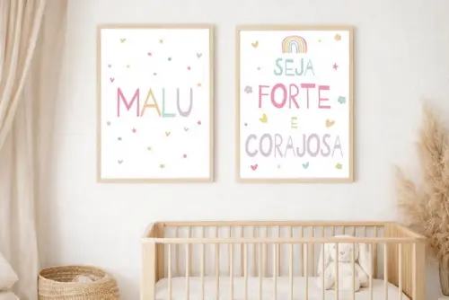 Kit Quadros Infantil Seja Forte e Corajosa e Nome A4