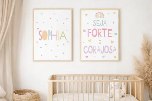 Kit Quadros Infantil Seja Forte e Corajosa e Nome A4