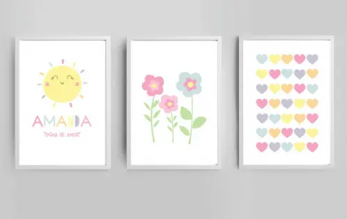 Kit Quadros Infantil Sol Nome Flores e Corações A4