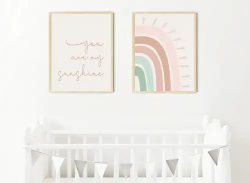 Kit Quadros Infantil Sunshine e Arco Íris Rosê e Verde A3