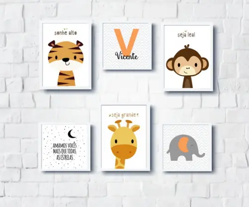 Kit Quadros Infantil Tigre Macaco e Girafa e Nome