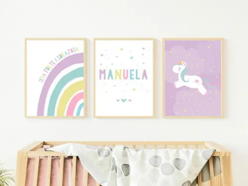 Kit Quadros Infantil Unicórnio Nome e Arco Íris Colorido A4