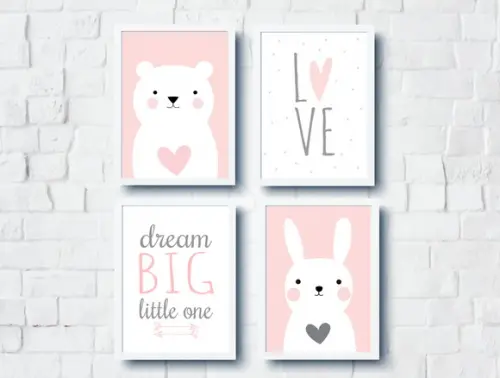 Kit Quadros Infantil Ursa Coelha Dream Big e Love A4