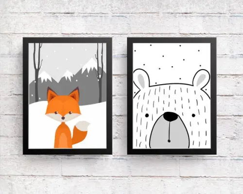 Kit Quadros Infantil Urso Escandinavo e Raposa