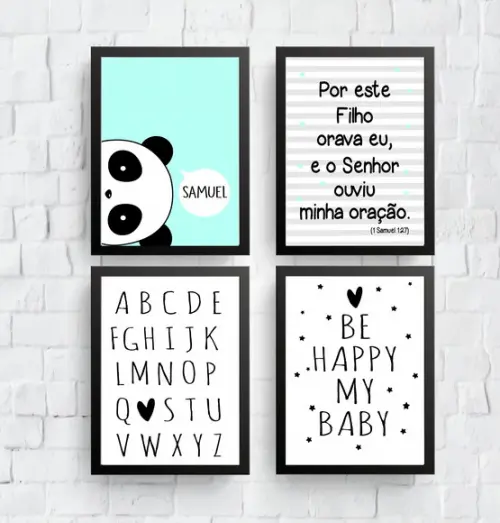 Kit Quadros Infantil Urso Panda Be Happy Alfabeto A4