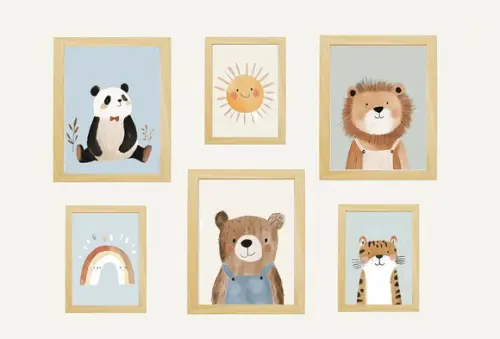 Kit Quadros Infantil Urso Leão Panda Sol