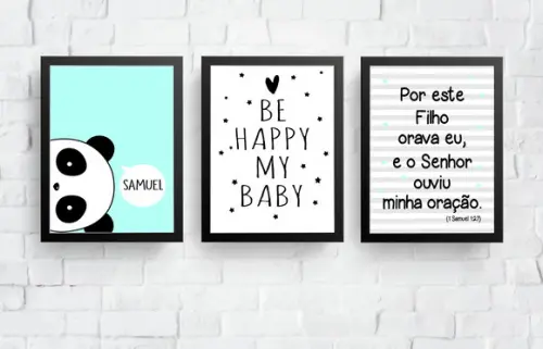 Kit Quadros Infantil Urso Panda Be Happy Versículo A4