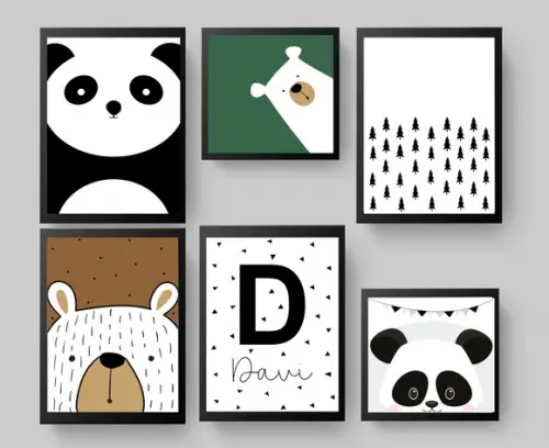 Kit Quadros Infantil Ursos Escandinavos Panda e Nome