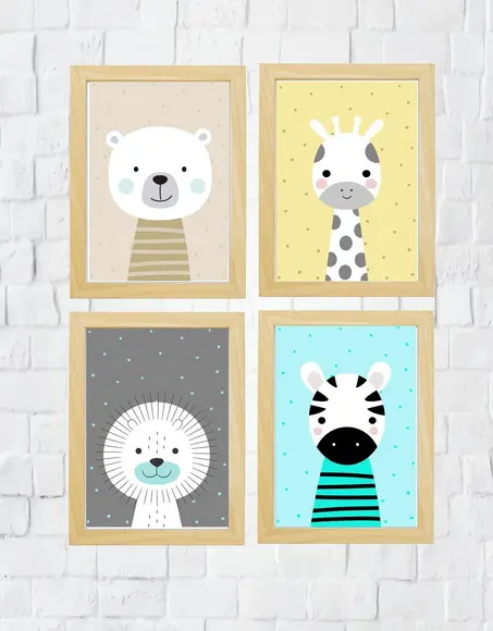 Kit Quadros Madeira Leão Urso Zebra e Girafa A3