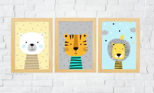 Kit Quadros Madeira Tigre Leão Urso Baby A4