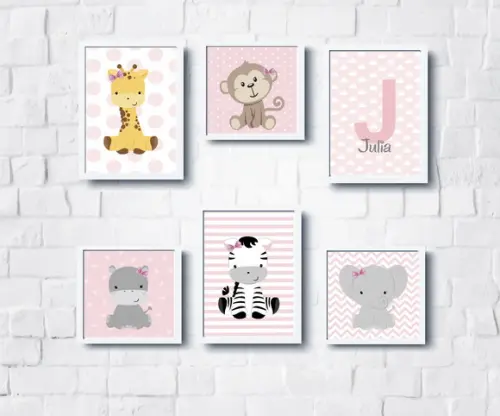 Kit Quadros Menina Animais Safari Bebê