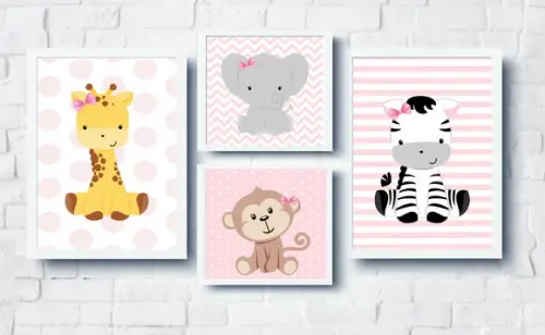 Kit Quadros Menina Animais Safari Bebê