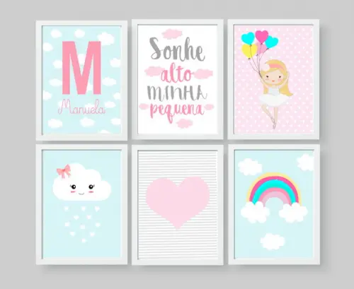 Kit Quadros Menina Bailarina Nuvens Arco Íris Sonhe Alto A4