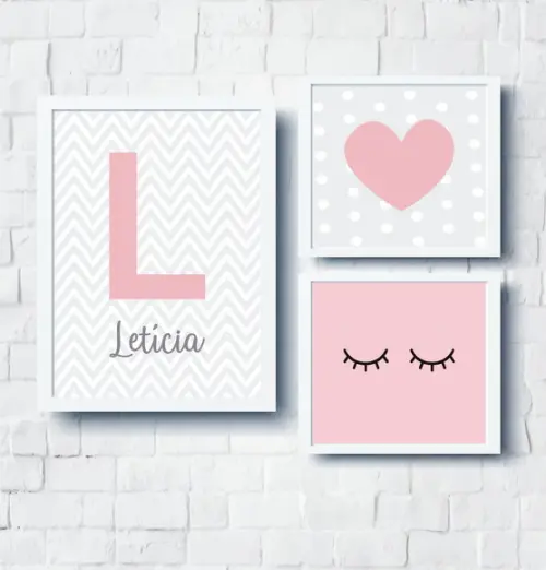 Kit Quadros Nome Personalizado Coração e Olhinhos