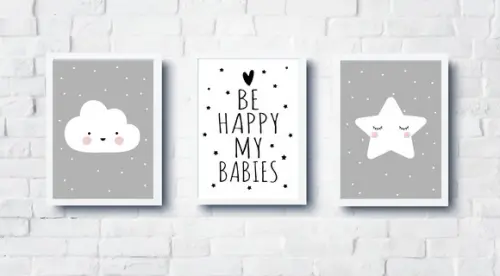 Kit Quadros Nuvem Estrela e Be Happy A4