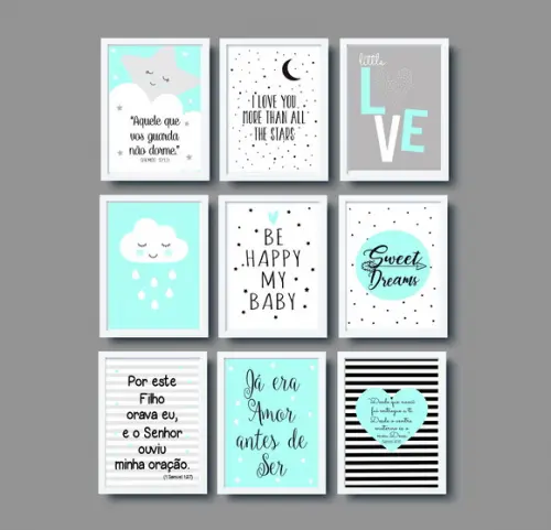 Kit Quadros Nuvem Estrela Be Happy Coração Versículo