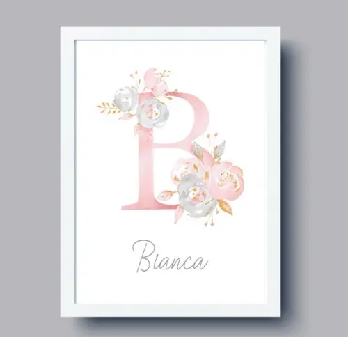 Quadro Infantil Inicial Aquarela Floral Personalizado