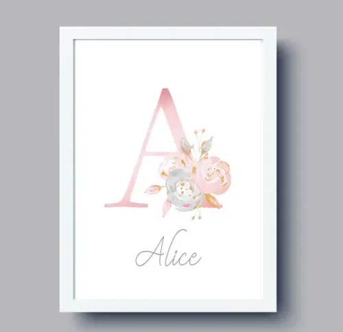 Quadro Infantil Inicial Aquarela Floral Personalizado