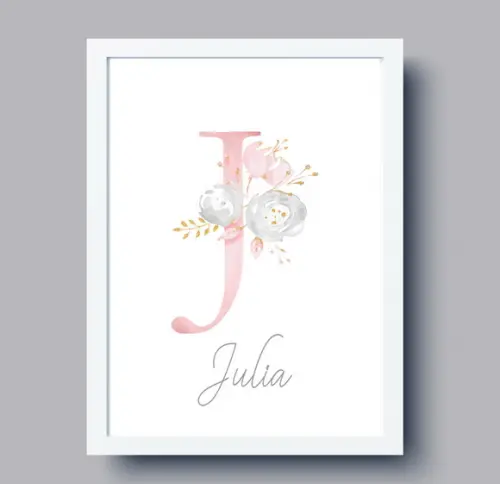 Quadro Infantil Inicial Aquarela Floral Personalizado