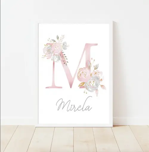 Quadro Infantil Inicial Nome Floral Aquarela A4