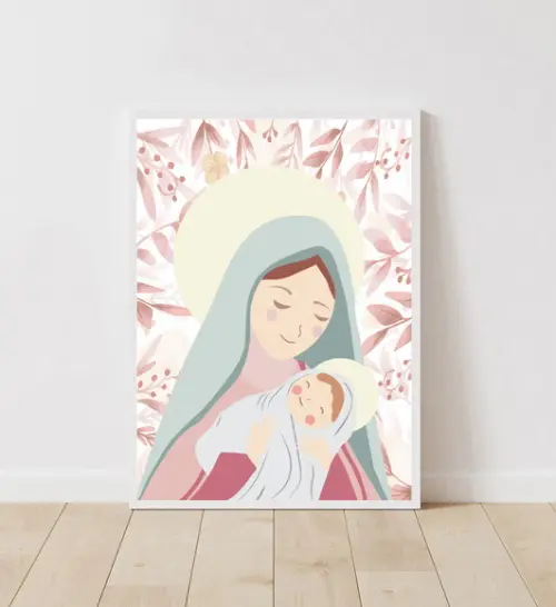 Quadro Infantil Maria e Menino Jesus Aquarela Floral A3