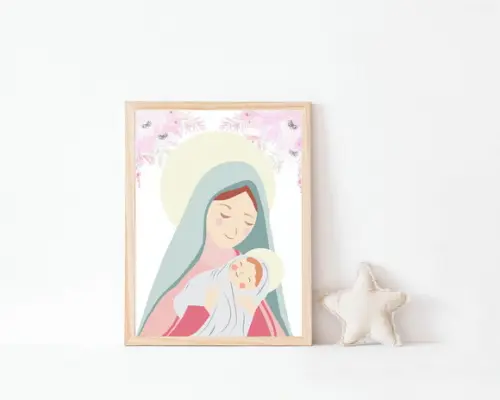 Quadro Infantil Maria e Menino Jesus Aquarela Floral A3