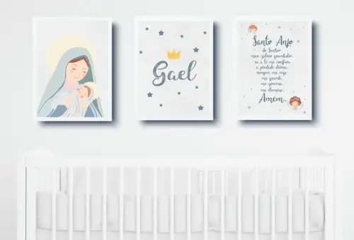 Quadro Infantil Maria e Menino Jesus Nome e Oração Anjo A3