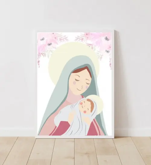 Quadro Infantil Maria e Menino Jesus Aquarela Floral A3