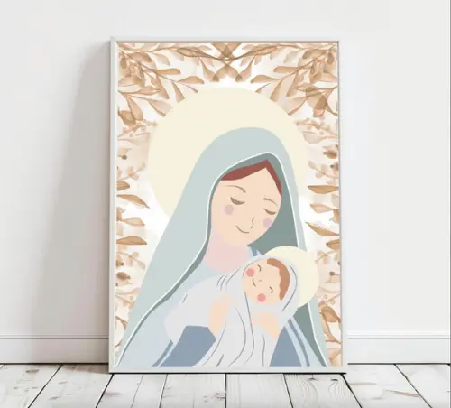 Quadro Infantil Nossa Senhora Folhas Bege A3