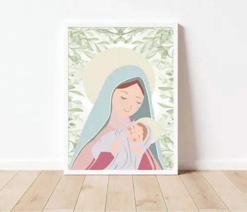 Quadro Infantil Nossa Senhora Folhagens A4