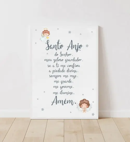 Quadro Infantil Oração Anjo da Guarda Aquarela A4